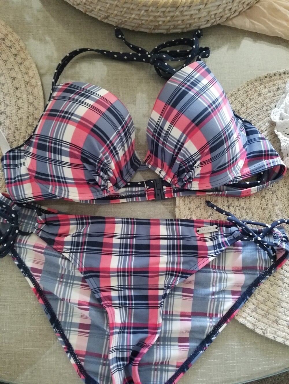 RED WHITE & BLUE Plaid Push-Up Halter Bikini Set Size Medium  38B 8 Bottom